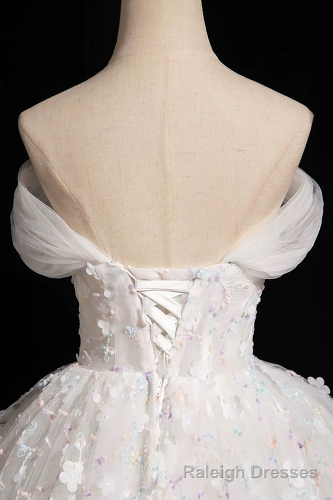 White Tulle Flowers Floor Length Prom Dresses, Beautiful A-Line Backless Sweet 16 Formal Dresses