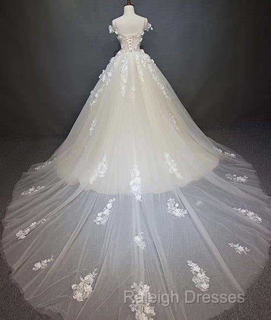 White Tulle Lace Applique Long Prom Dress, White Lace Wedding Dress