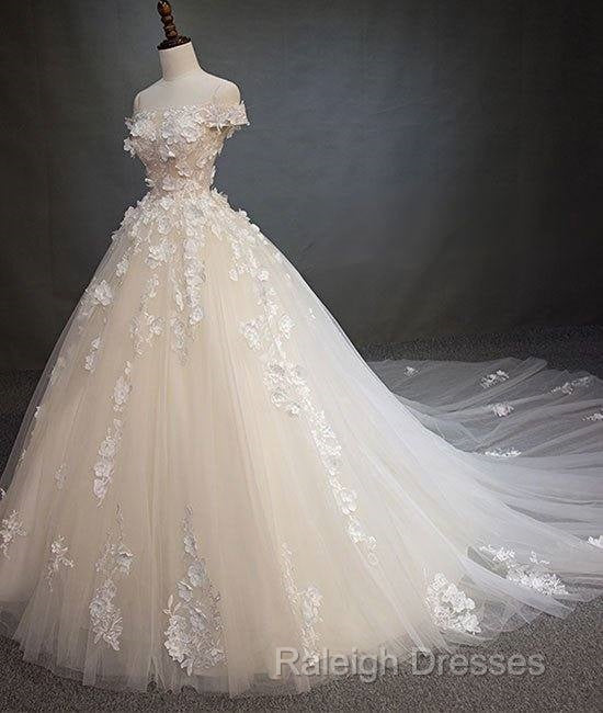 White Tulle Lace Applique Long Prom Dresses White Lace Wedding Dresses