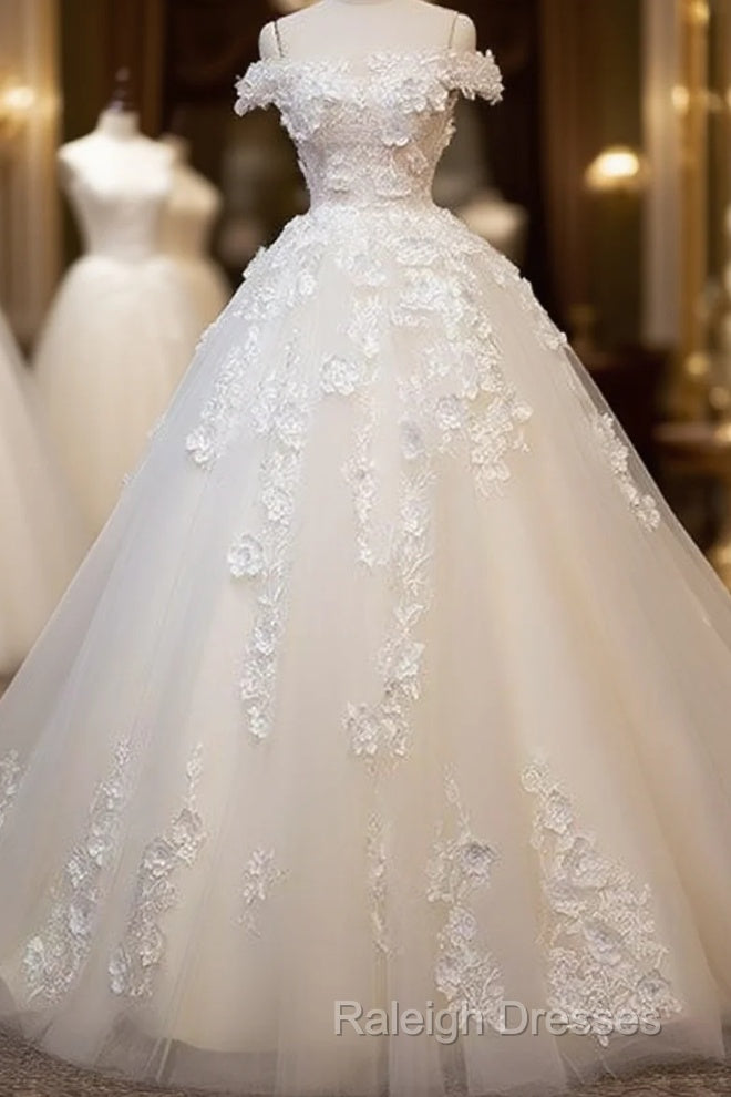 White Tulle Lace Applique Long Prom Dresses White Lace Wedding Dresses Main image