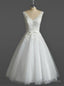 White Tulle Lace Appliques V Neck Backless Short Wedding Dress
