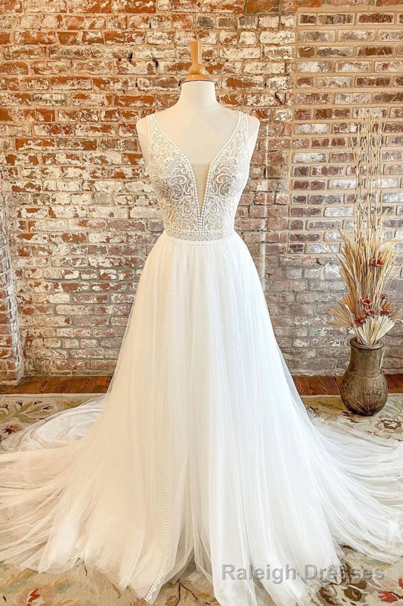 White Tulle Lace Long Prom Dress, A-Line V-Neck Formal Evening Dress Main image
