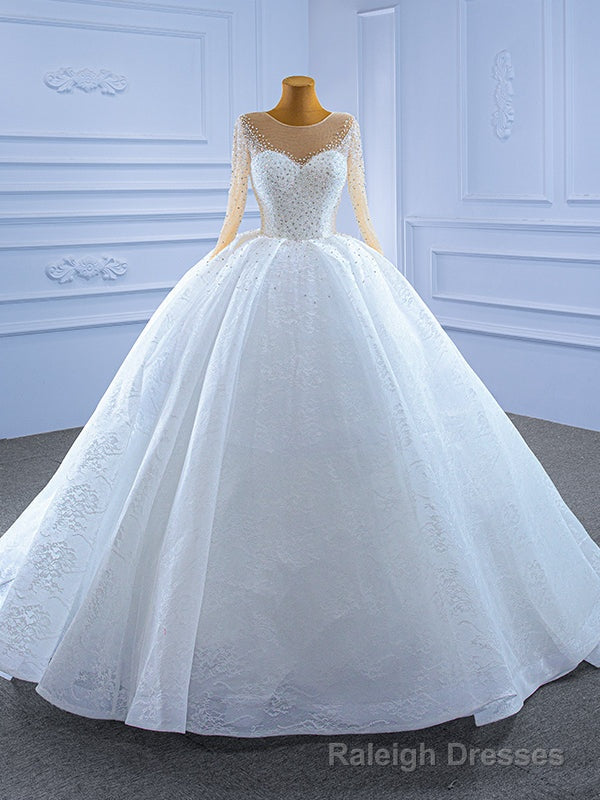 White Tulle Lace Long Sleeve Beading Wedding Dress