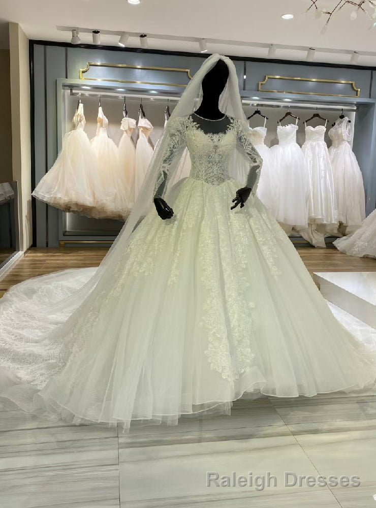 White Tulle Lace Long Sleeve Pearls Wedding Dress