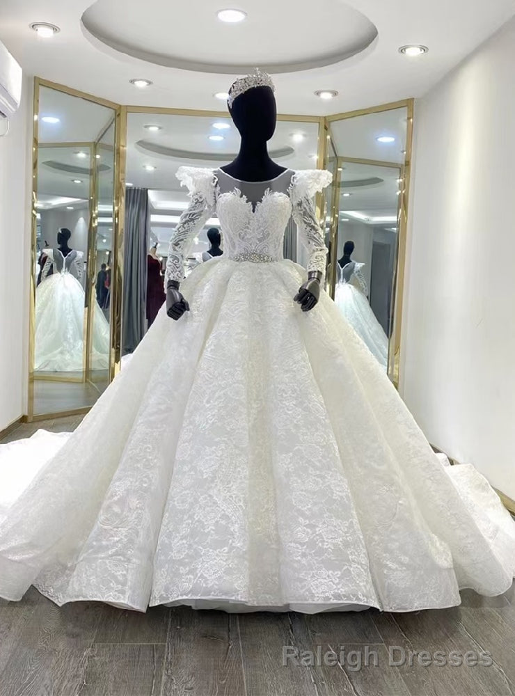 White Tulle Lace Long Sleeve Wedding Dress Main image