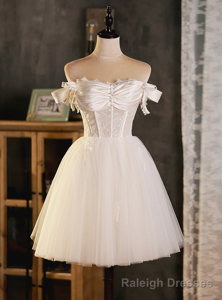White Tulle Lace Off the Shoulder Button Homecoming Dress Main image