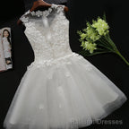 White Tulle Lace Round Neckline Knee Length Graduation Dresses, White Short Prom Dresses Party Dresses