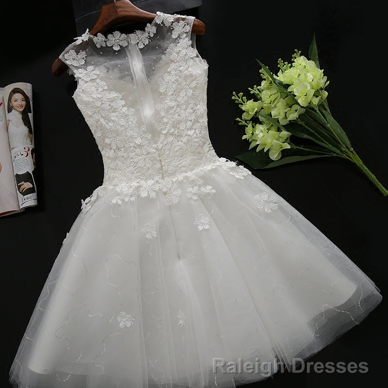 White Tulle Lace Round Neckline Knee Length Graduation Dresses, White Short Prom Dresses