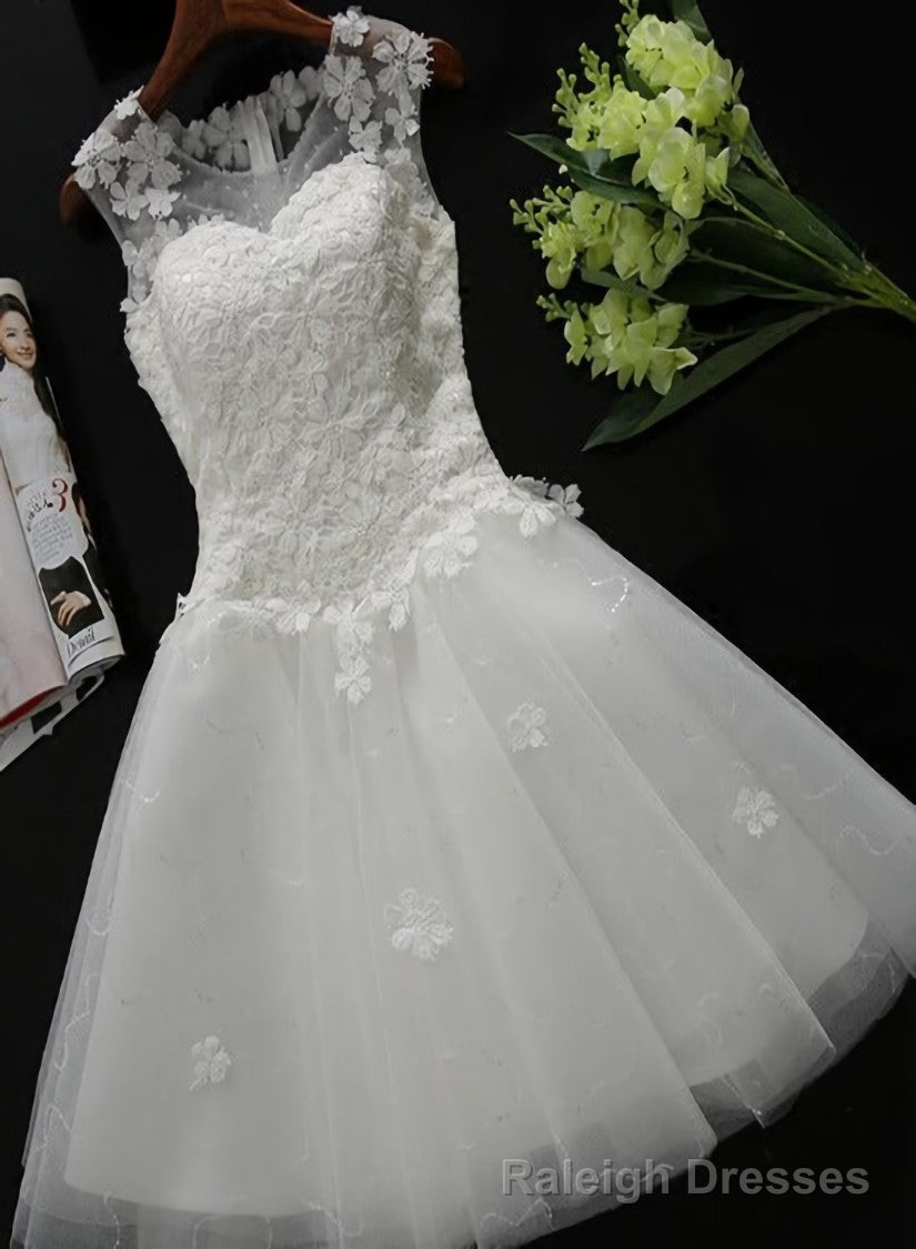 White Tulle Lace Round Neckline Knee Length Graduation Dresses, White Short Prom Dresses