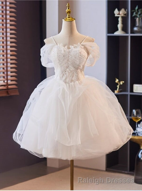 White Tulle Lace Spaghetti Straps Short Wedding Dress Main image