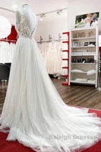 White Tulle Lace Wedding Dress A-Line V Neck Bridal Dress With Sweep Train Sleeveless Floor Length