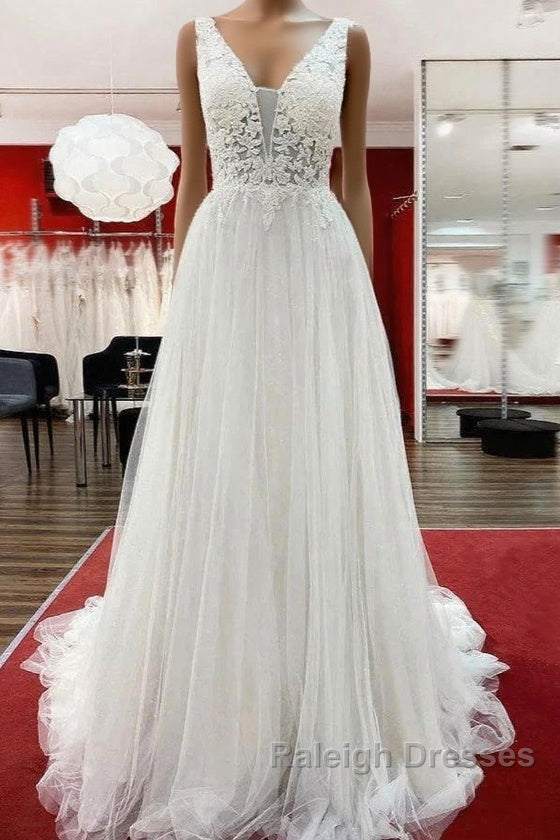 White Tulle Lace Wedding Dress A-Line V Neck Bridal Dress With Sweep Train Sleeveless Floor Length Main image