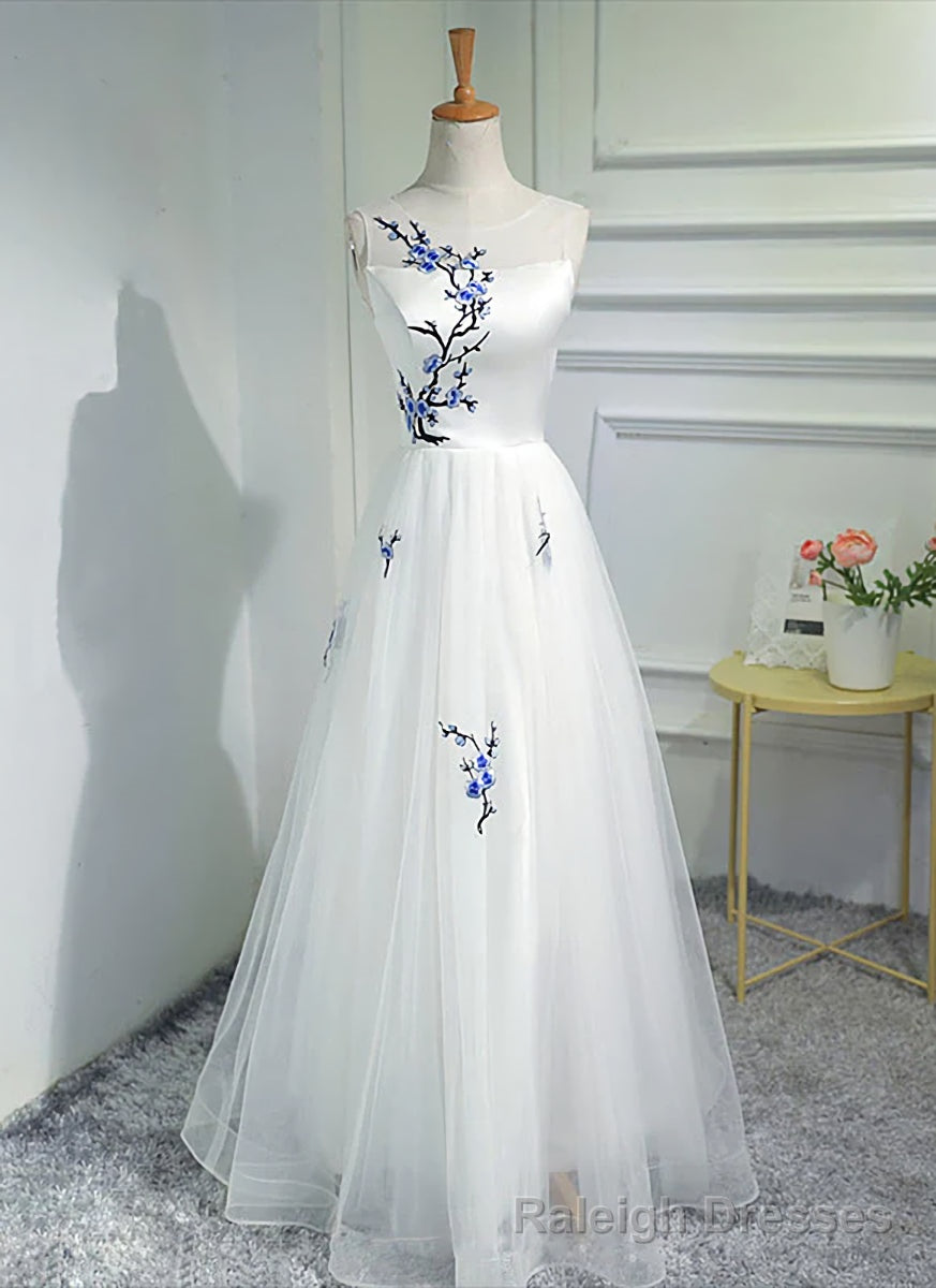 White Tulle Long A Line Prom Dress, White Graduation Dress