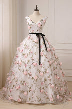 White Tulle Long A Line Prom Dress, White V Neck Prom Dress