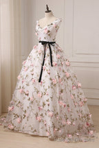 White Tulle Long A Line Prom Dress, White V Neck Prom Dress