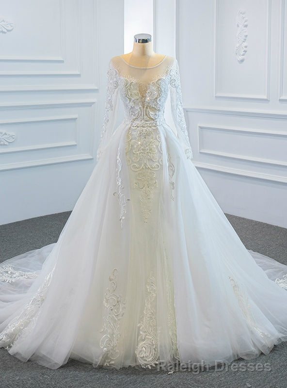White Tulle Long Sleeve Beading Wedding Dress With Removable Train Main image