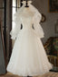 White Tulle Long Sleeve Pearls Wedding Dress