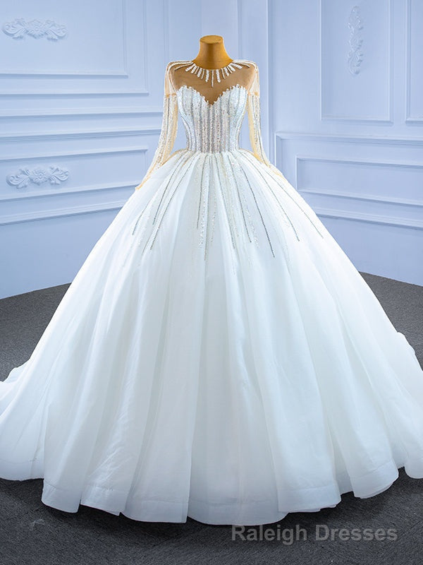 White Tulle Long Sleeve Sequins Beading Wedding Dress
