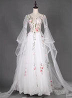White Tulle Long Sleeves A-Line Wedding Party Dress, White Tulle Prom Dress