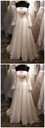 White Tulle Off Shoulder Long Sleeve See Through A-Line Wedding Dress, Long Formal Prom Dress
