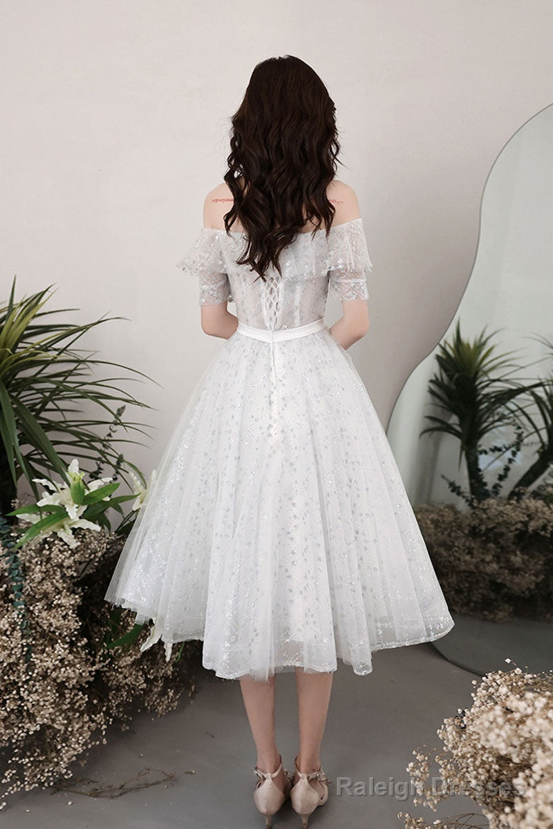White Tulle Off Shoulder Sequin Short Prom Dresses White Homecoming Dresses