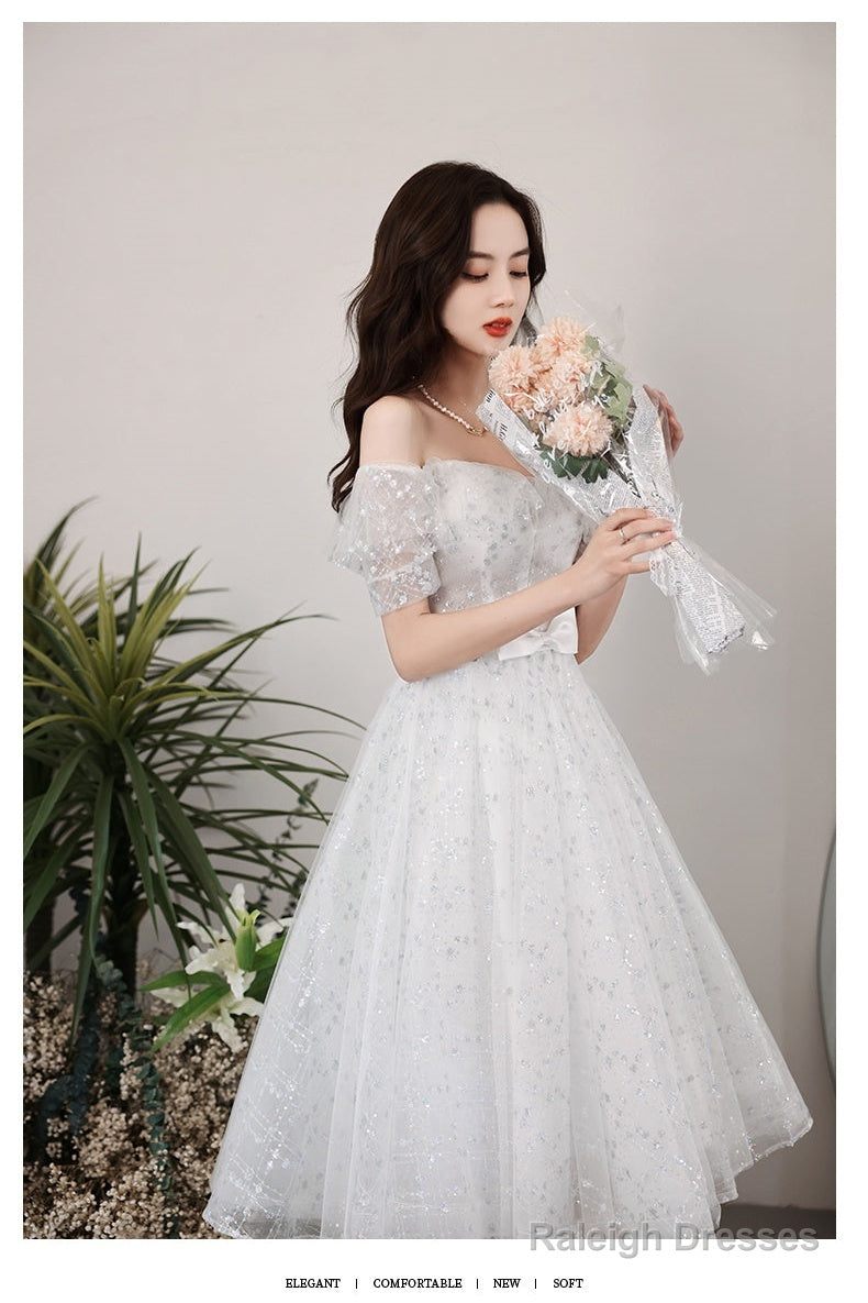 White Tulle Off Shoulder Sequin Short Prom Dress White Homecoming Dress