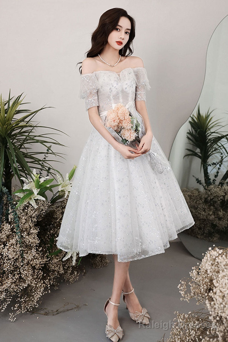 White Tulle Off Shoulder Sequin Short Prom Dresses White Homecoming Dresses