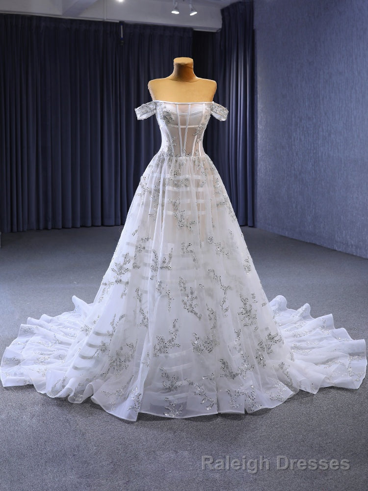 White Tulle Off the Shoulder Beading Sequins Wedding Dress Main image