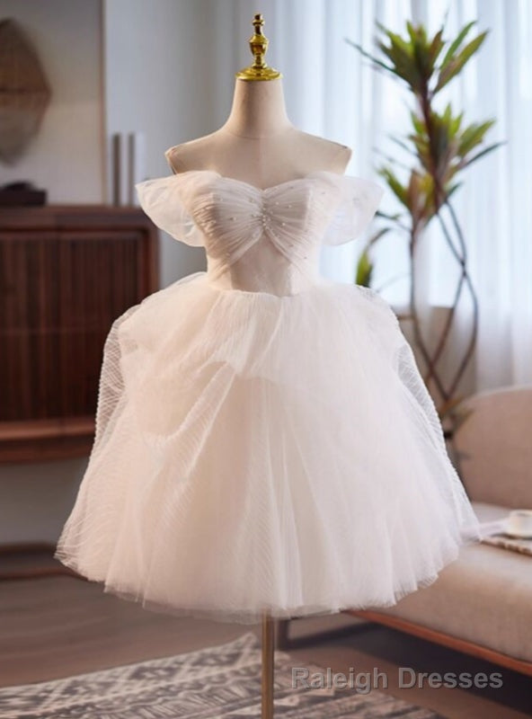 White Tulle Off the Shoulder Pearls Pleats Wedding Dress Main image