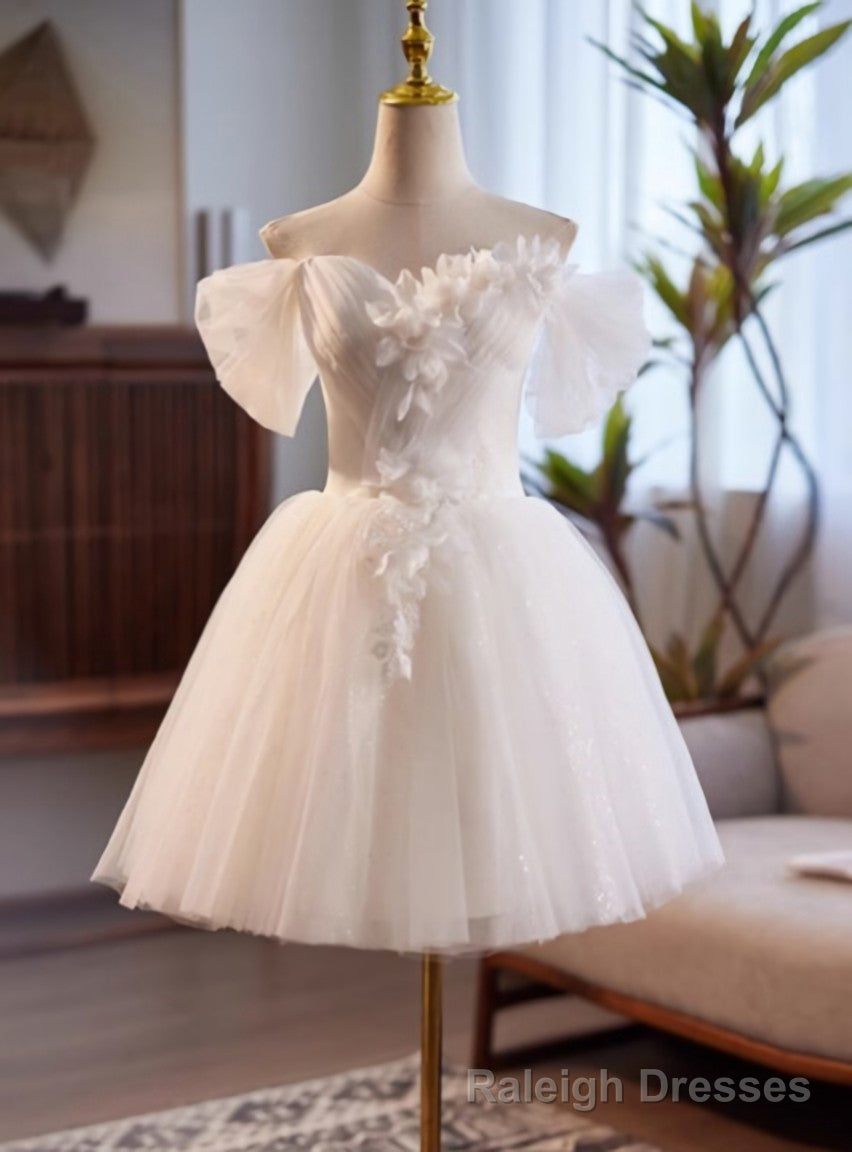 White Tulle Off the Shoulder Pleats Flower Wedding Dress Main image