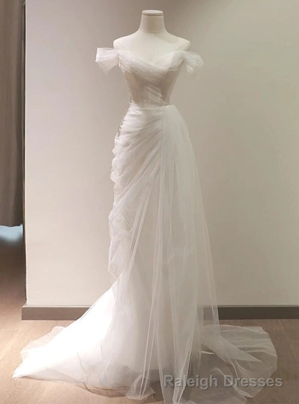 White Tulle Off the Shoulder Pleats Wedding Dress Main image