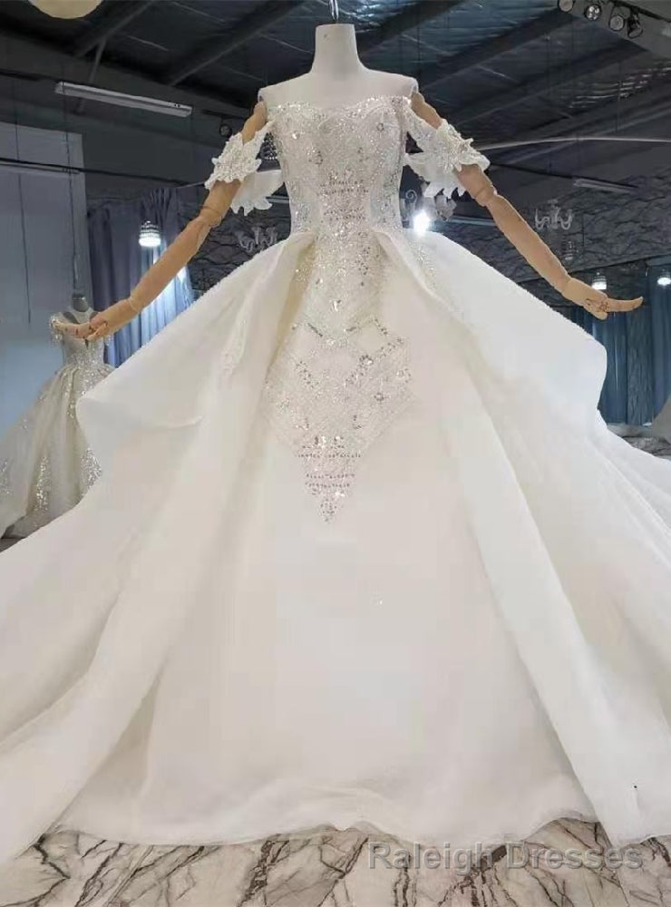 White Tulle Off the Shoulder Sequins Beading Wedding Dress Main image