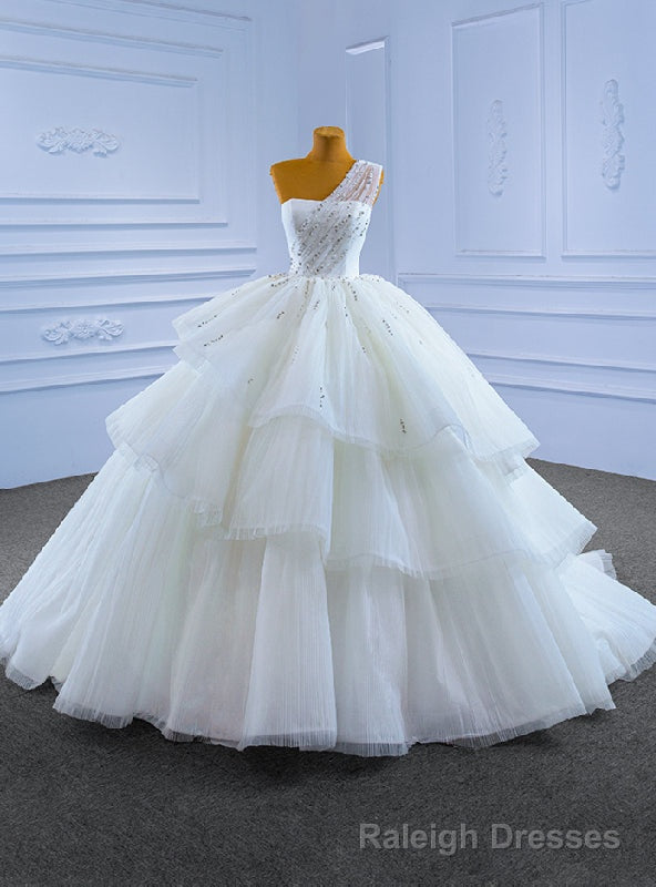 White Tulle One Shoulder Pleats Beading Wedding Dress