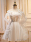 White Tulle Pearls Bow Homecoming Dress
