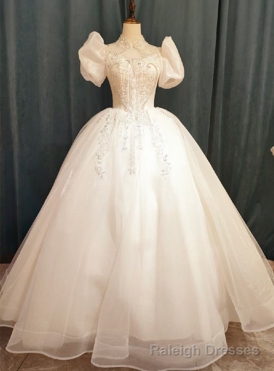 White Tulle Puff Sleeve Beading Sequins Wedding Dress Main image