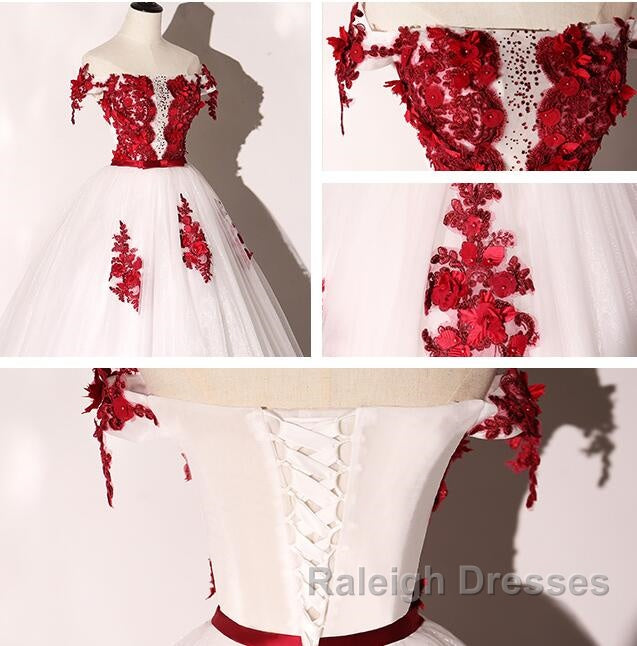 White Tulle Scoop Long Formal Dress With Red Lace, Lovely Red Formal Dress Prom Dress