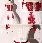 White Tulle Scoop Long Prom Dresses With Red Lace Lovely Red Prom Dresseses