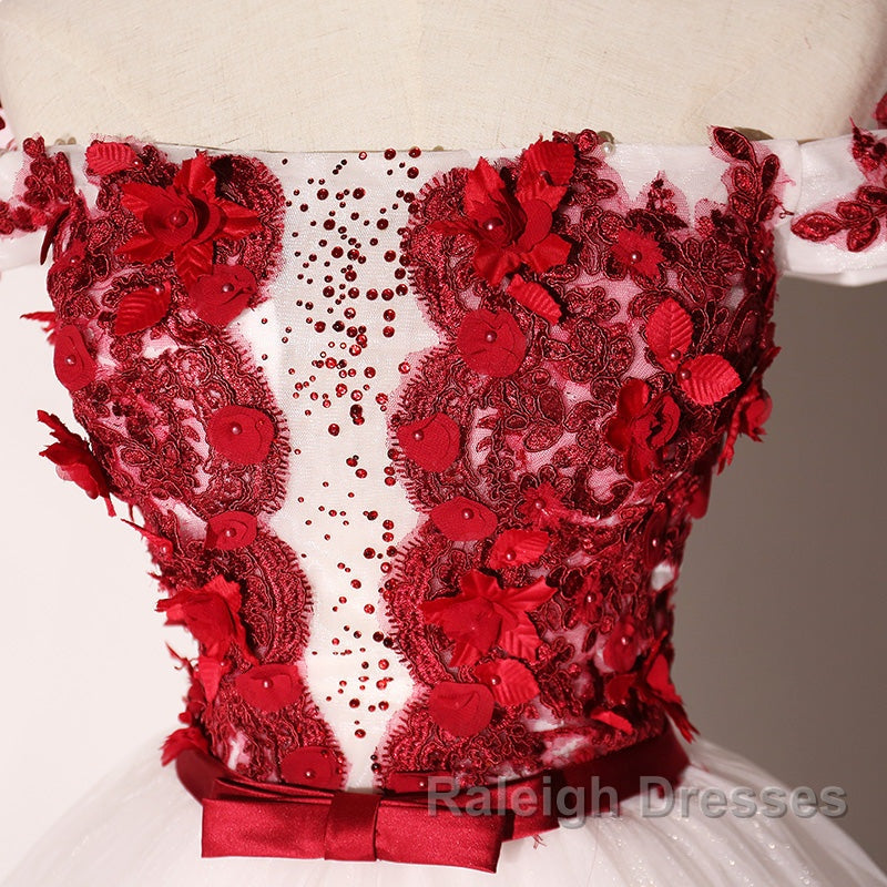 White Tulle Scoop Long Formal Dress With Red Lace, Lovely Red Formal Dress Prom Dress