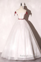 White Tulle Scoop Long Prom Dresses With Red Lace Lovely Red Prom Dresseses