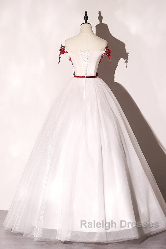White Tulle Scoop Long Prom Dresses With Red Lace Lovely Red Prom Dresseses