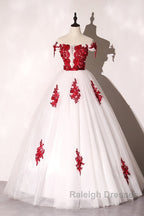 White Tulle Scoop Long Prom Dresses With Red Lace Lovely Red Prom Dresseses