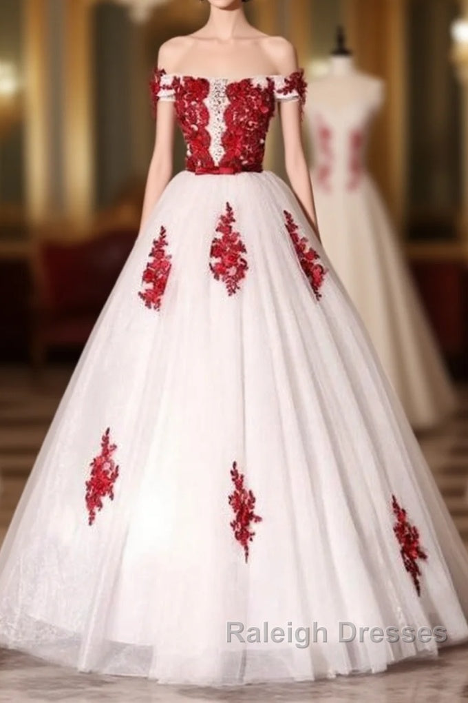 White Tulle Scoop Long Prom Dresses With Red Lace Lovely Red Prom Dresseses Main image