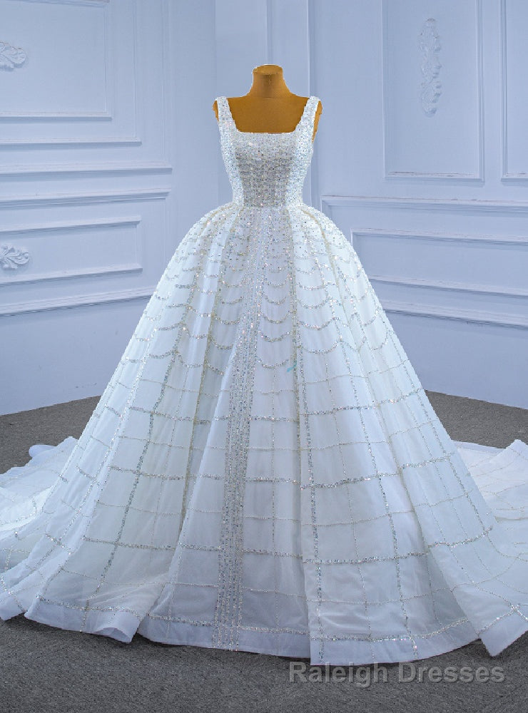 White Tulle Sequins Beading Heavy Work Wedding Dress