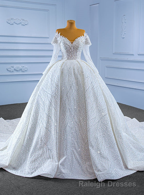 White Tulle Sequins Beading Long Sleeve Luxury Wedding Dress