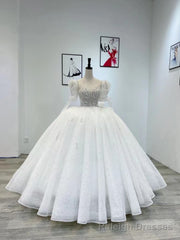 White Tulle Sequins Beading Short Sleeve Wedding Dress