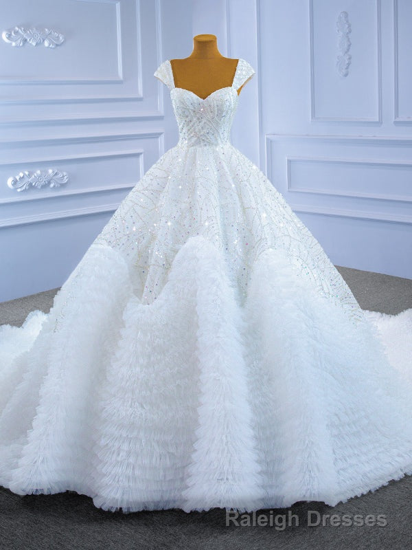 White Tulle Sequins Beading Straps Wedding Dress Main image