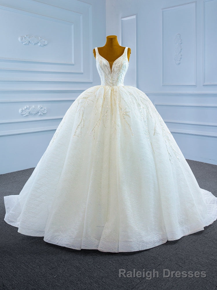 White Tulle Sequins Beading V Neck Wedding Dress