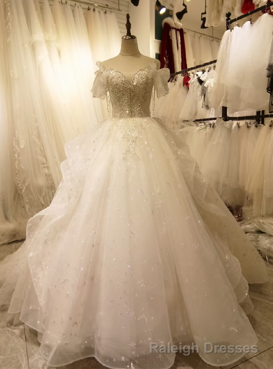 White Tulle Sequins Beading Wedding Dress With Train Main image