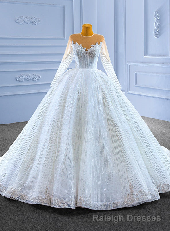 White Tulle Sequins Long Sleeve Beading Illusion Neck Wedding Dress Main image