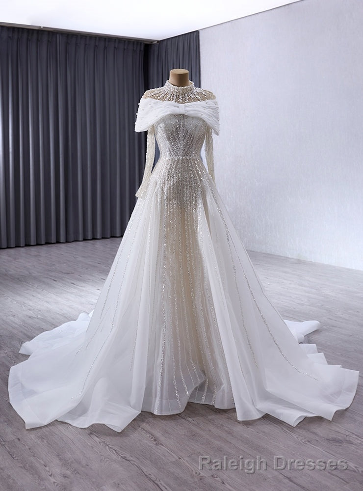 White Tulle Sequins Long Sleeve Wedding Dress With Detachable Neck Main image